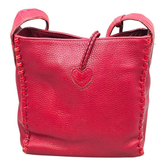 Brighton Dark Red Pebbled Leather Shoulder Handbag Whipstitch Trim Croc Strap - Picture 9 of 16